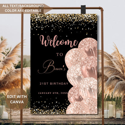 ANY AGE Birthday Welcome Sign Birthday Welcome Poster Black with Rose Gold Glitter Balloons, Instant Digital Download Editable Signage decor