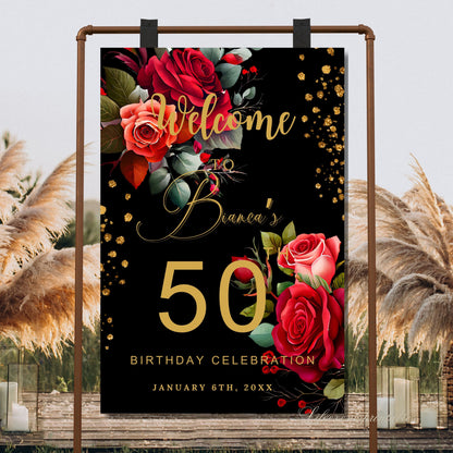 RED Floral Birthday Welcome Sign Template ANY AGE Birthday Welcome Poster with Red flowers Instant Digital Download Editable Signage decor