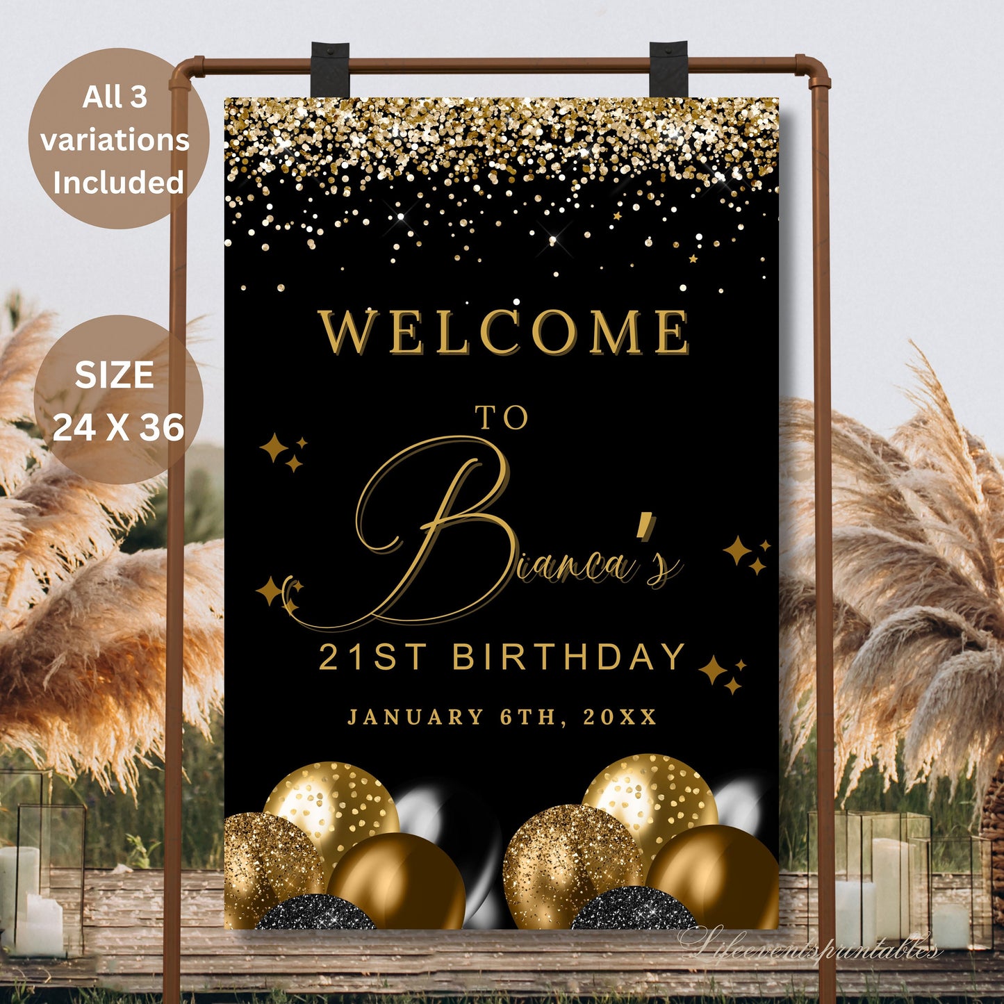 ANY AGE Birthday Welcome Sign Birthday Welcome Poster Black and Gold Glitter Sparkle Instant Digital Download Editable Welcome Signage decor