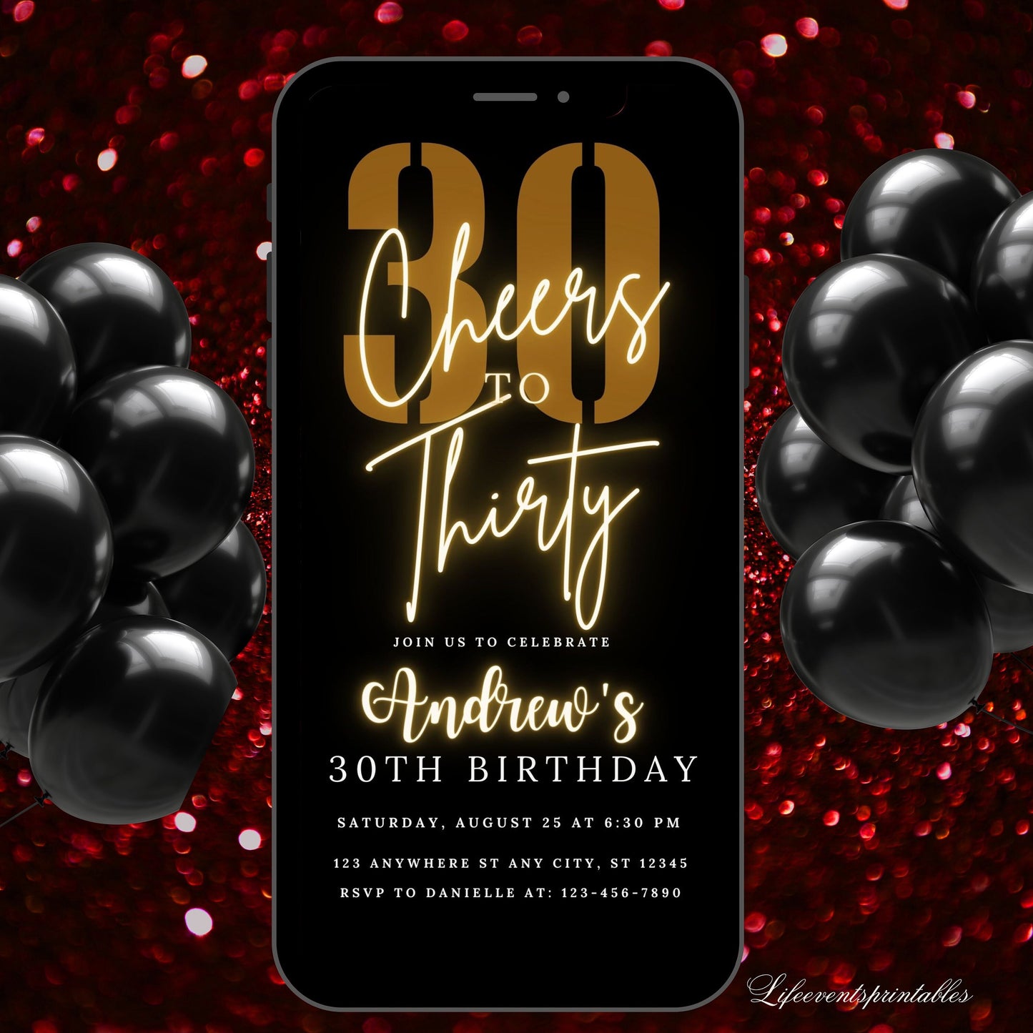 Thirty Birthday Invitation Template 30th Birthday invite, Thirtieth E-Invite Template, Text Message Black gold Digital Mobile Phone Evite