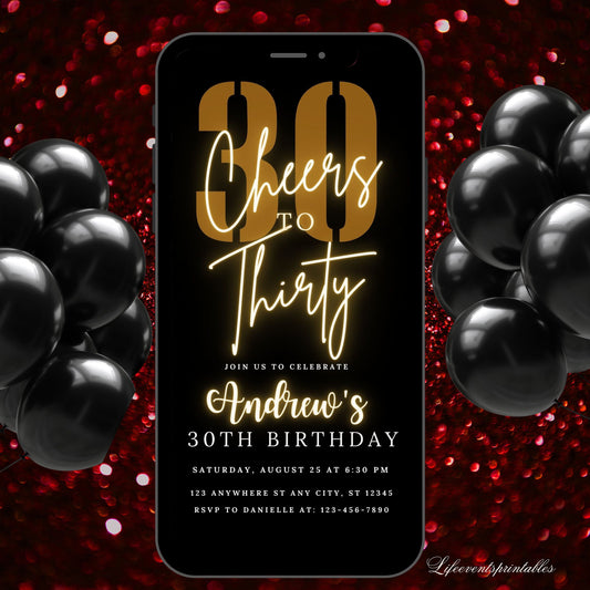 Thirty Birthday Invitation Template 30th Birthday invite, Thirtieth E-Invite Template, Text Message Black gold Digital Mobile Phone Evite