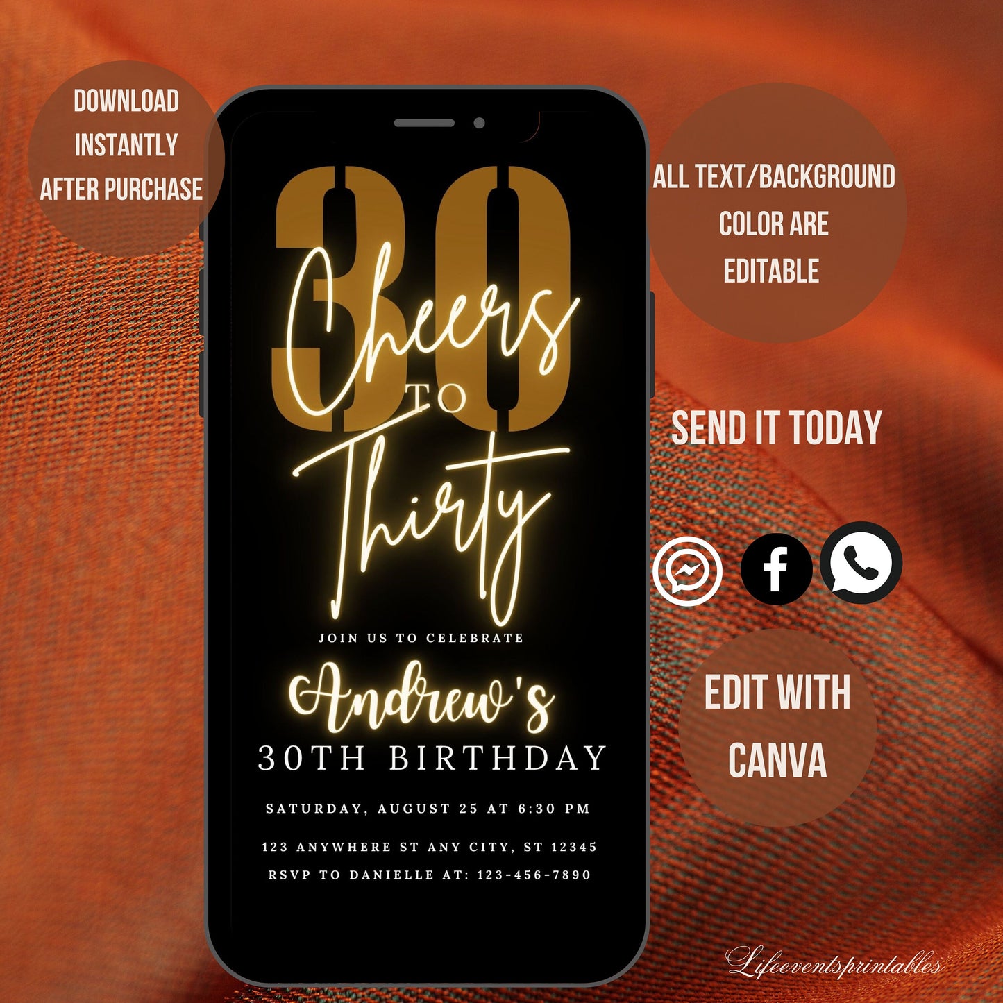 Thirty Birthday Invitation Template 30th Birthday invite, Thirtieth E-Invite Template, Text Message Black gold Digital Mobile Phone Evite