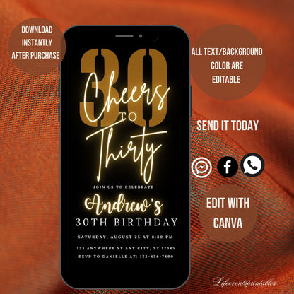 Thirty Birthday Invitation Template 30th Birthday invite, Thirtieth E-Invite Template, Text Message Black gold Digital Mobile Phone Evite