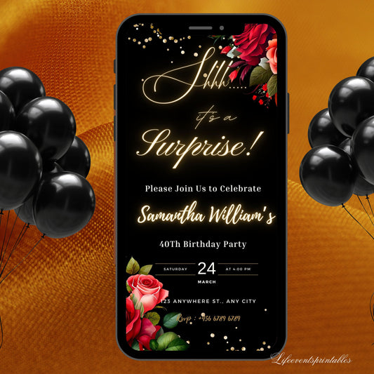 Floral Surprise Birthday Party Invitation Template, Shhh it's a surprise invite, Digital Anniversary Surprise Invite Mobile Phone Evite