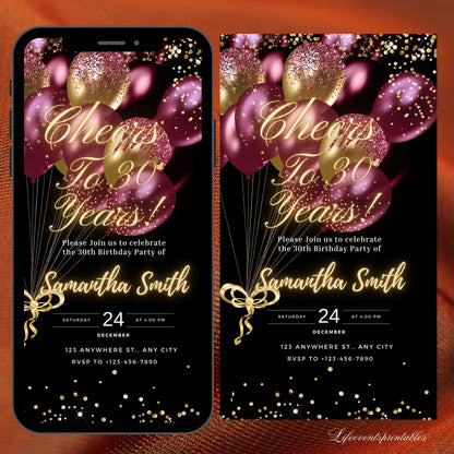 Digital Purple Gold Birthday Party Invitation, Purple Gold Glitter Balloons, Mobile Phone Invitation, Editable Template, Instant Download