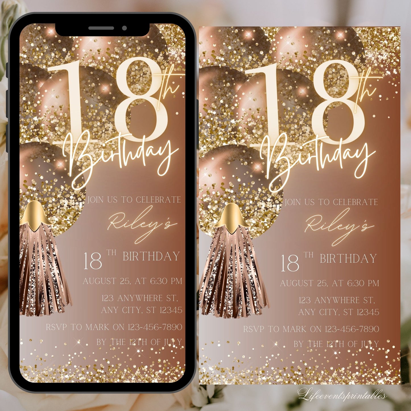 Digital 18th Birthday Invitation Template, Electronic 18th Party Invite, Brown Gold Neon Text Evite, Digital Invite Glitter, Birthday Party