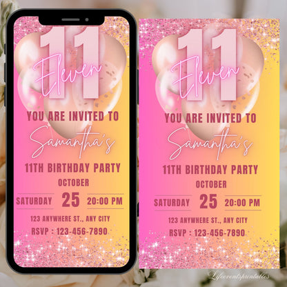 Digital Rose Gold 11th Birthday Invitation Template For Girls, Electronic Gold Balloon Eleventh Birthday Invite,11th Bday Invites