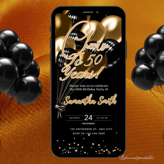 Digital Black Gold Birthday Invitation Template Electronic Gold Balloon Birthday Invitation Download Text Message Invite Editable ANY AGE