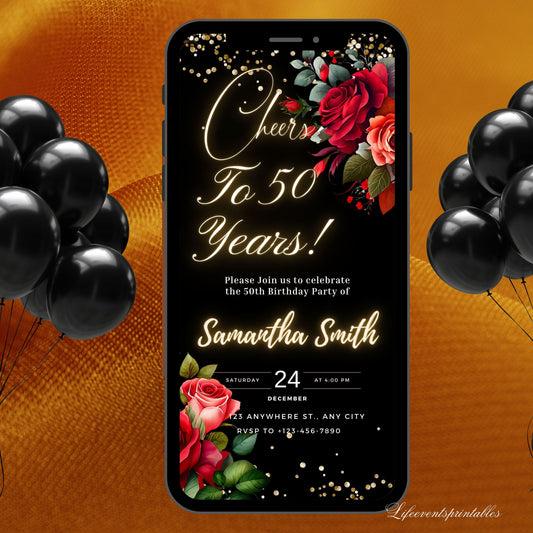 Digital Black  Birthday Invitation Template Electronic Red Floral Birthday Invitation Download Text Message Invite Editable ANY AGE