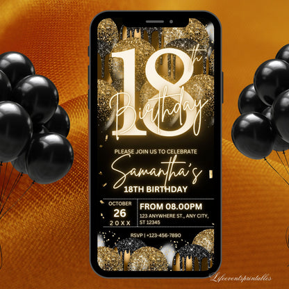 Digital 18th Birthday Invitation Template For Her Gold, Animated Eighteenth Black Gold Balloon Invite For Him, Editable  Itinerary eCard