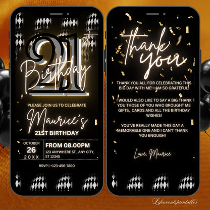 Digital 21st Birthday Party Invitation For Men, Black Gold Birthday Invite, Twenty one Digital Invite, Editable Template, Instant Download