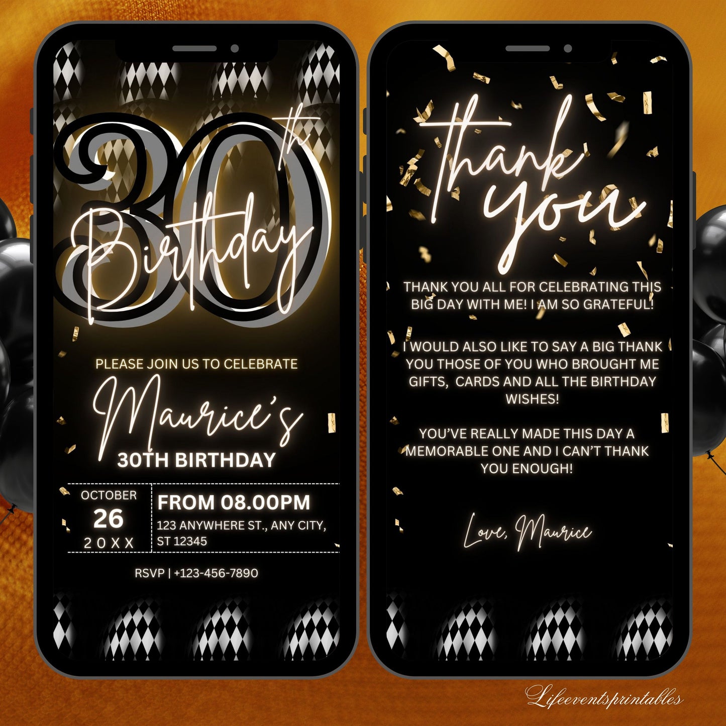 Digital 30th Birthday Party Invitation For Men, Black Gold Birthday Invite, Thirtieth Digital Invite, Editable Template, Instant Download