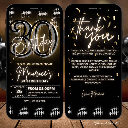 Digital 30th Birthday Party Invitation For Men, Black Gold Birthday Invite, Thirtieth Digital Invite, Editable Template, Instant Download