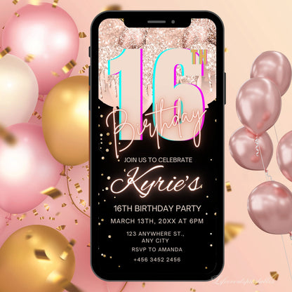 Digital Rose Gold 16th Birthday Invitation Template For Girls, Electronic Gold Balloon Sixteenth Birthday Invite, 16th Birthday Invites