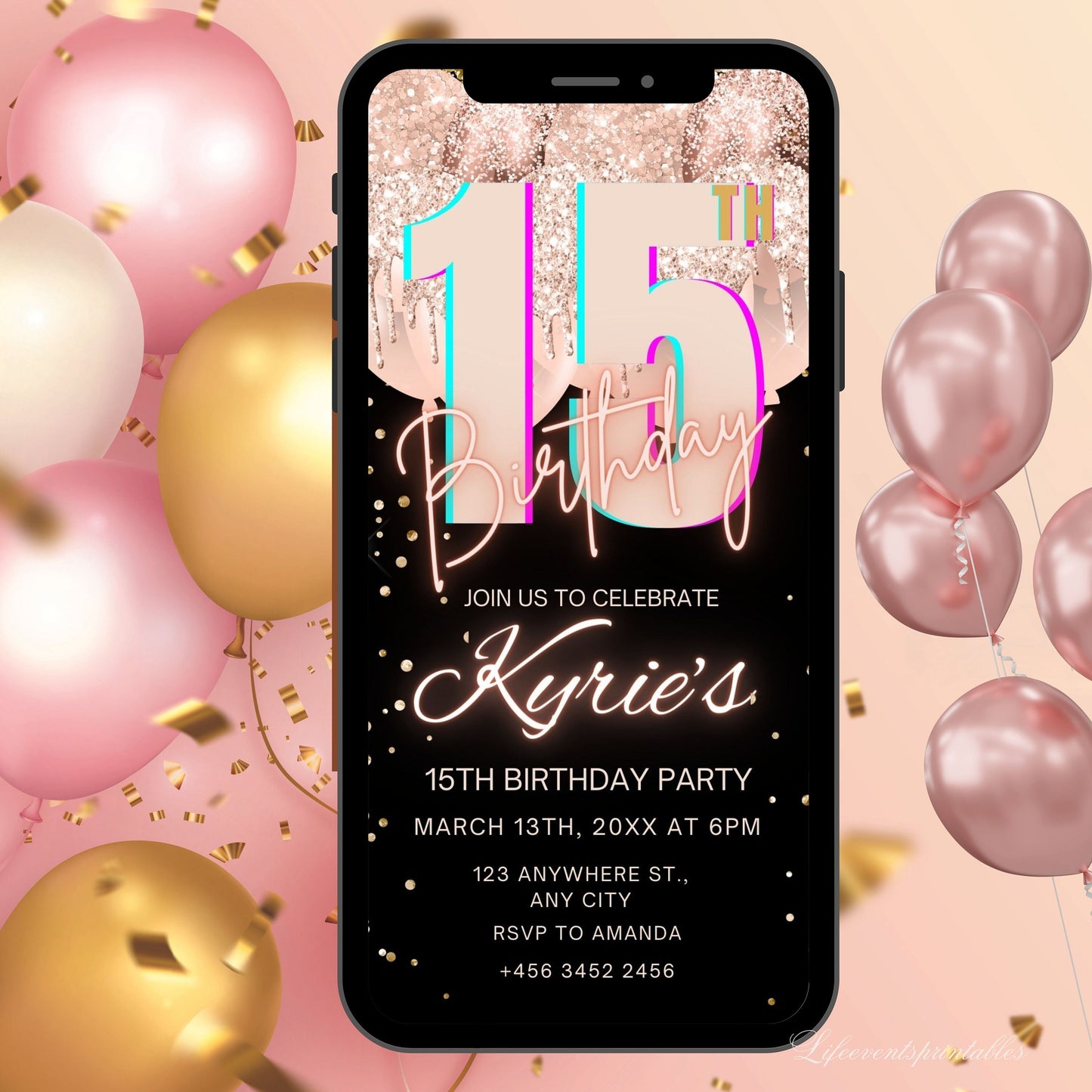 Digital Rose Gold 15th Birthday Invitation Template For Girls, Electronic Gold Balloon Fifteenth Birthday Invite, 15th Birthday Invites