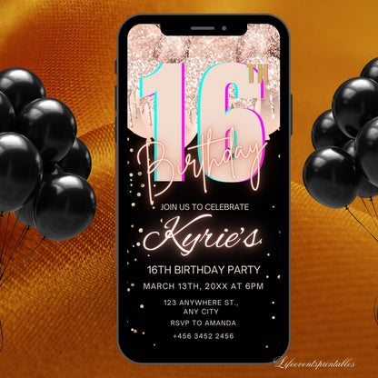 Digital Rose Gold 16th Birthday Invitation Template For Girls, Electronic Gold Balloon Sixteenth Birthday Invite, 16th Birthday Invites