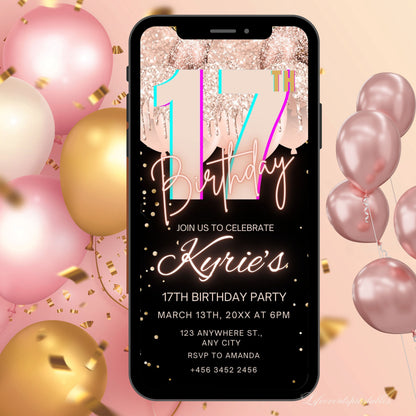 Digital Rose Gold 17th Birthday Invitation Template For Girls, Electronic Gold Balloon Seventeenth Birthday Invite, 17th Birthday Invites