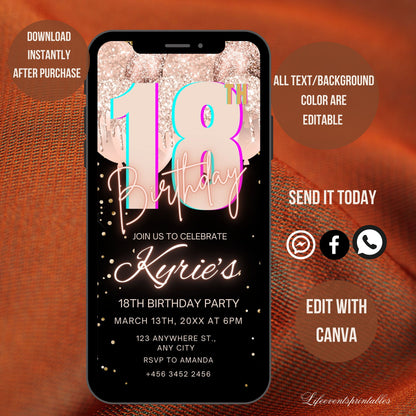 Digital Rose Gold 18th Birthday Invitation Template For Girls, Electronic Gold Balloon Eighteenth Birthday Invite, 18th Birthday Invites