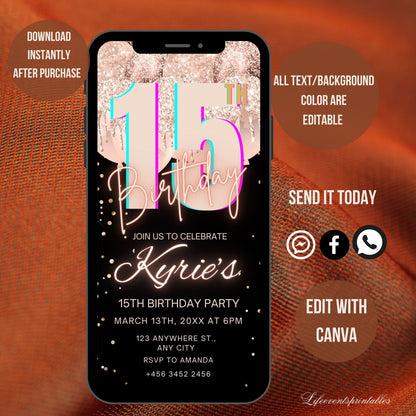 Digital Rose Gold 15th Birthday Invitation Template For Girls, Electronic Gold Balloon Fifteenth Birthday Invite, 15th Birthday Invites