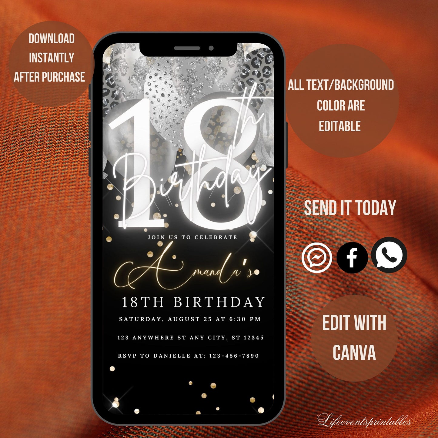 Digital 18th Birthday Invitation Template, Electronic 18th Party Invite, Black Silver Neon Text Evite, Digital Invite Glitter Birthday Party