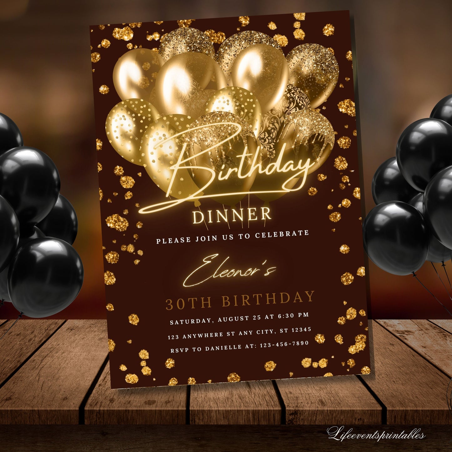 Printable Brown Gold Birthday Party Invitation, Brown Gold Glitter Editable Template, Any Age Evite Instant Download, Phone Birthday Evite