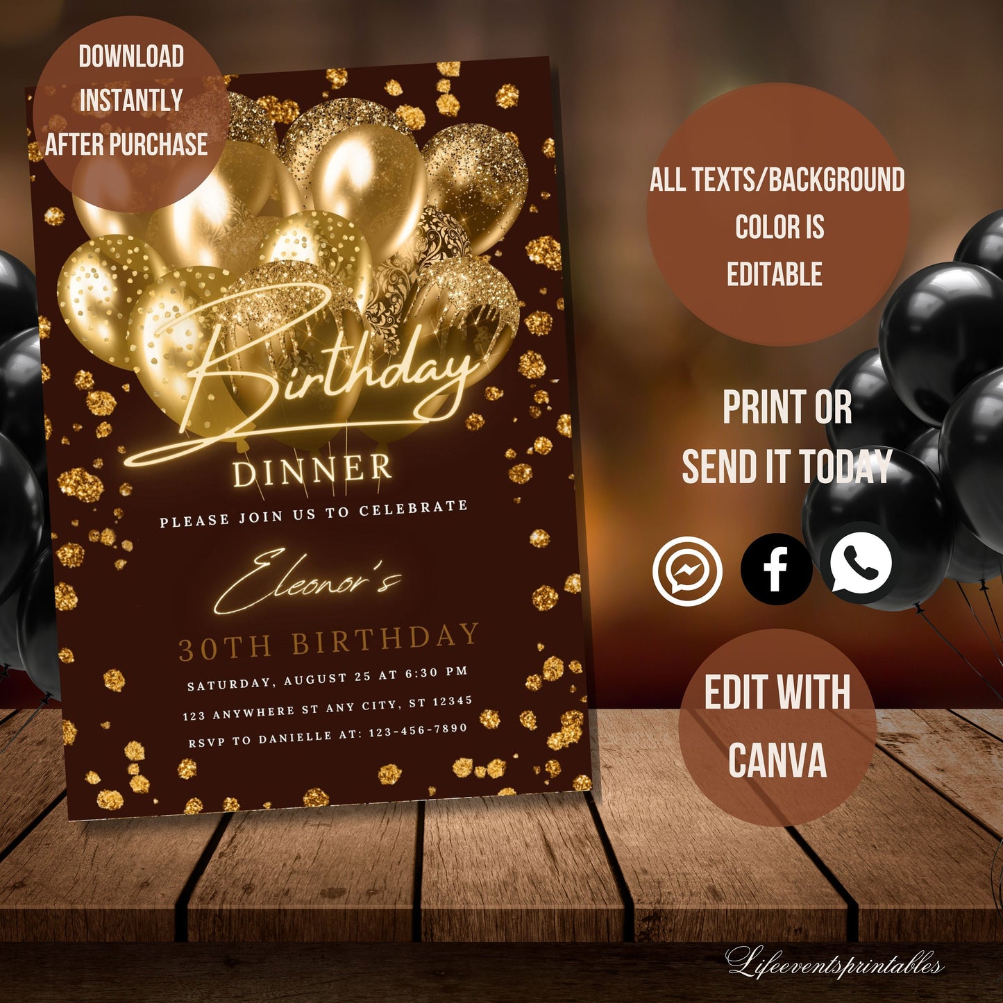 Printable Brown Gold Birthday Party Invitation, Brown Gold Glitter Editable Template, Any Age Evite Instant Download, Phone Birthday Evite