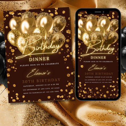 Printable Brown Gold Birthday Party Invitation, Brown Gold Glitter Editable Template, Any Age Evite Instant Download, Phone Birthday Evite