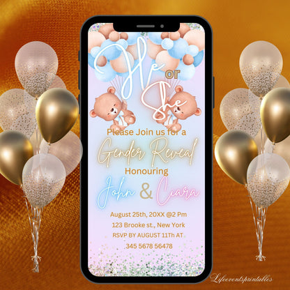 Digital Gender Reveal Invitation, Teddy Bear Electronic Gender Reveal Evite, Balloon Gender Reveal, Baby Shower Party Invitation