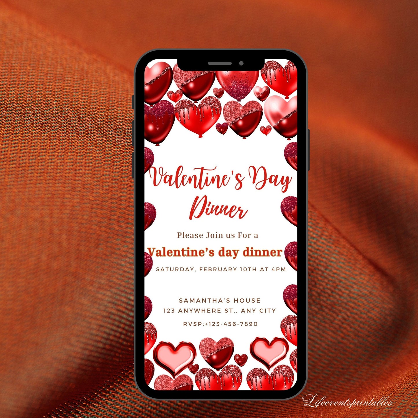 Valentines day Invitation Red and red hearts Invite Any event Valentine's day Dinner Invite Brunch party Editable Printable Download