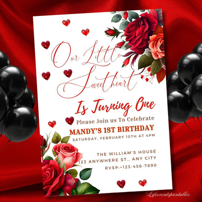 Red Hearts First Birthday Party Invitation Template, Our Little Sweetheart Is Turning One Invite, 5x7 Editable Template, Instant Download