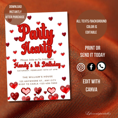 Editable Party Hearty Little Sweetheart Valentine's Day February Birthday Party Hearts Invitation Template Instant Download Editable Invite