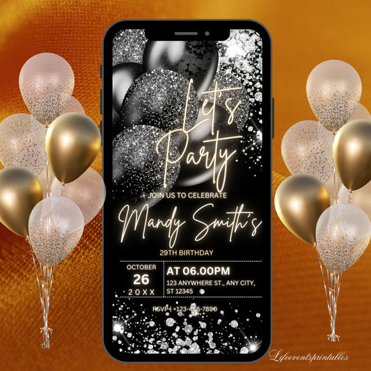 Digital Black Birthday Party Invitation, Black Silver Glitter Editable Template, Any Age Evite Instant Download, Phone Birthday Evite