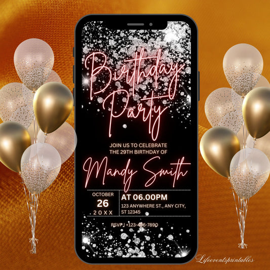 Digital Black Birthday Party Invitation, Neon Black Silver Glitter Editable Template, Any Age Evite Instant Download, Phone Birthday Evite