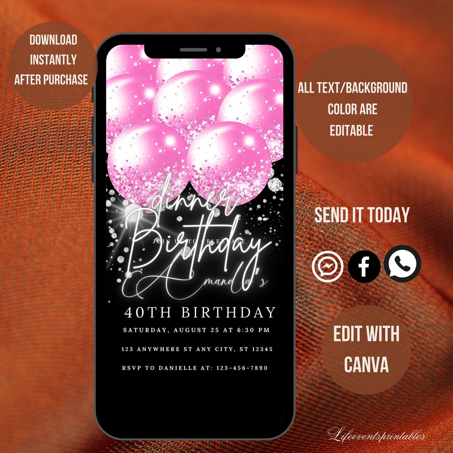 Pink Balloon Digital Birthday Invitation Template, Electronic Birthday Invite Digital Download, Text Message Invite, Editable Text ANY AGE