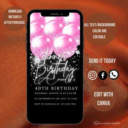 Pink Balloon Digital Birthday Invitation Template, Electronic Birthday Invite Digital Download, Text Message Invite, Editable Text ANY AGE