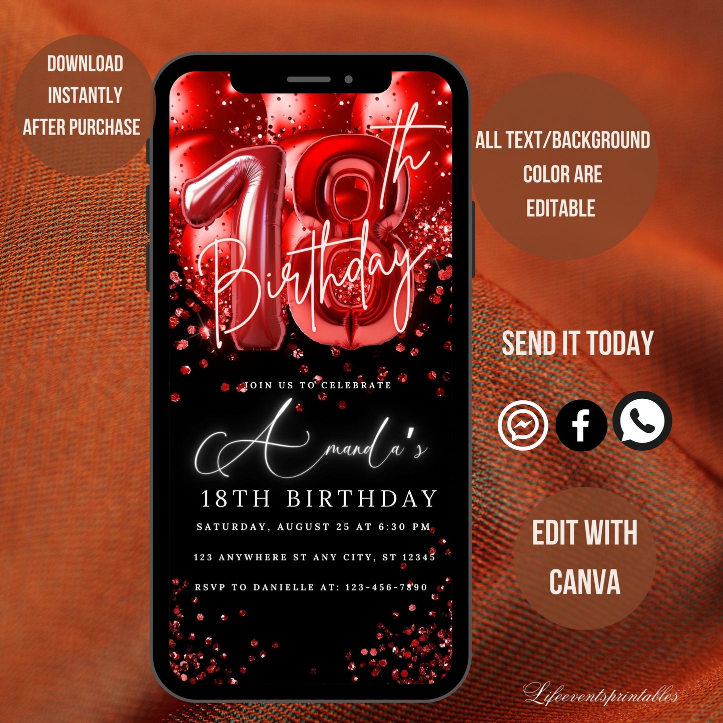 Digital 18th Birthday Invitation Template Red, Electronic 18th Party Invite, Red  Neon Text Evite, Digital Invite Glitter, Birthday Party