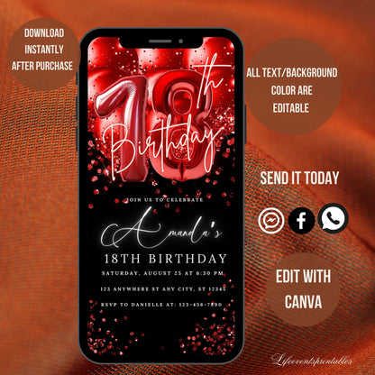 Digital 18th Birthday Invitation Template Red, Electronic 18th Party Invite, Red  Neon Text Evite, Digital Invite Glitter, Birthday Party