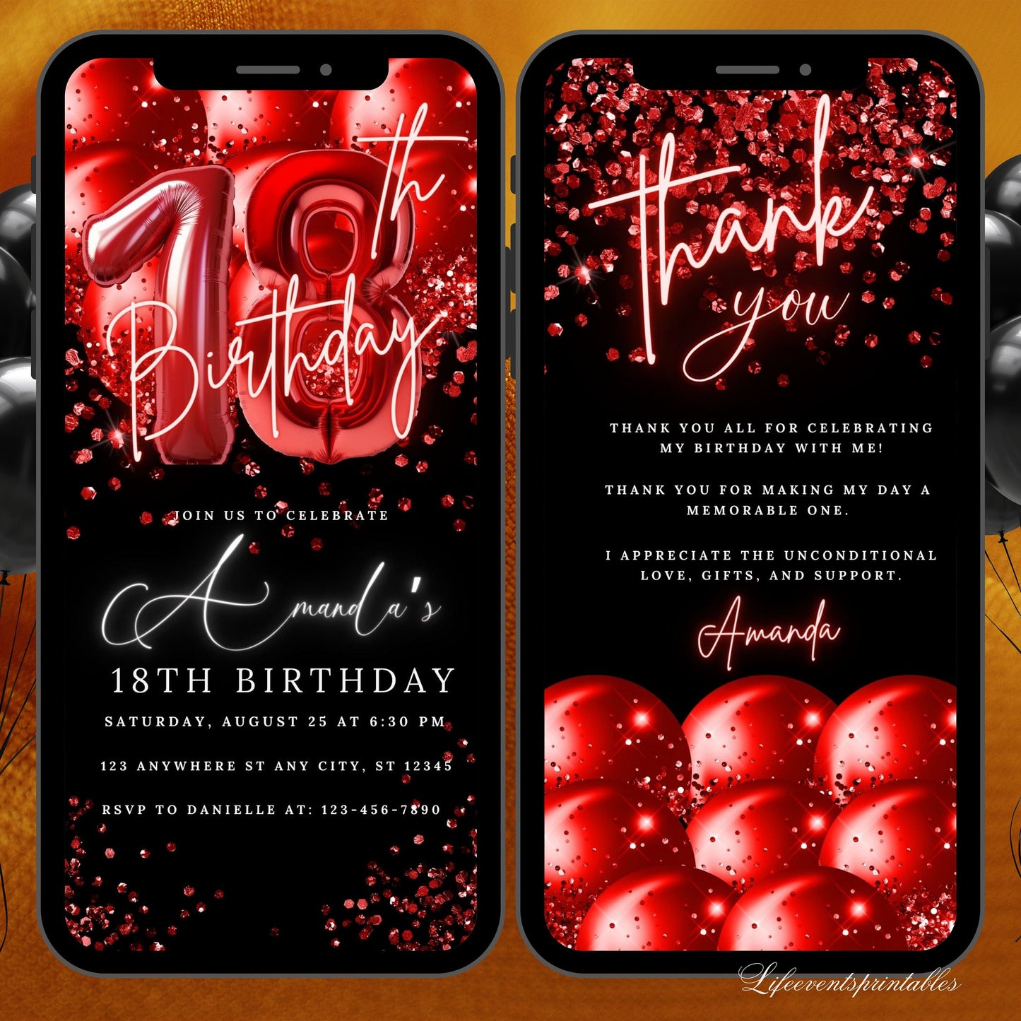 Digital 18th Birthday Invitation Template Red, Electronic 18th Party Invite, Red  Neon Text Evite, Digital Invite Glitter, Birthday Party