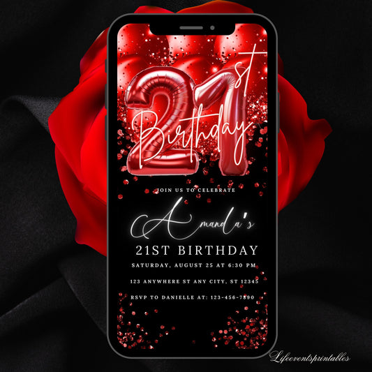 Digital Twenty One 21st Birthday Invitation Template Red 21th Electronic Birthday Invite Red Birthday Invitation, Editable Text Message