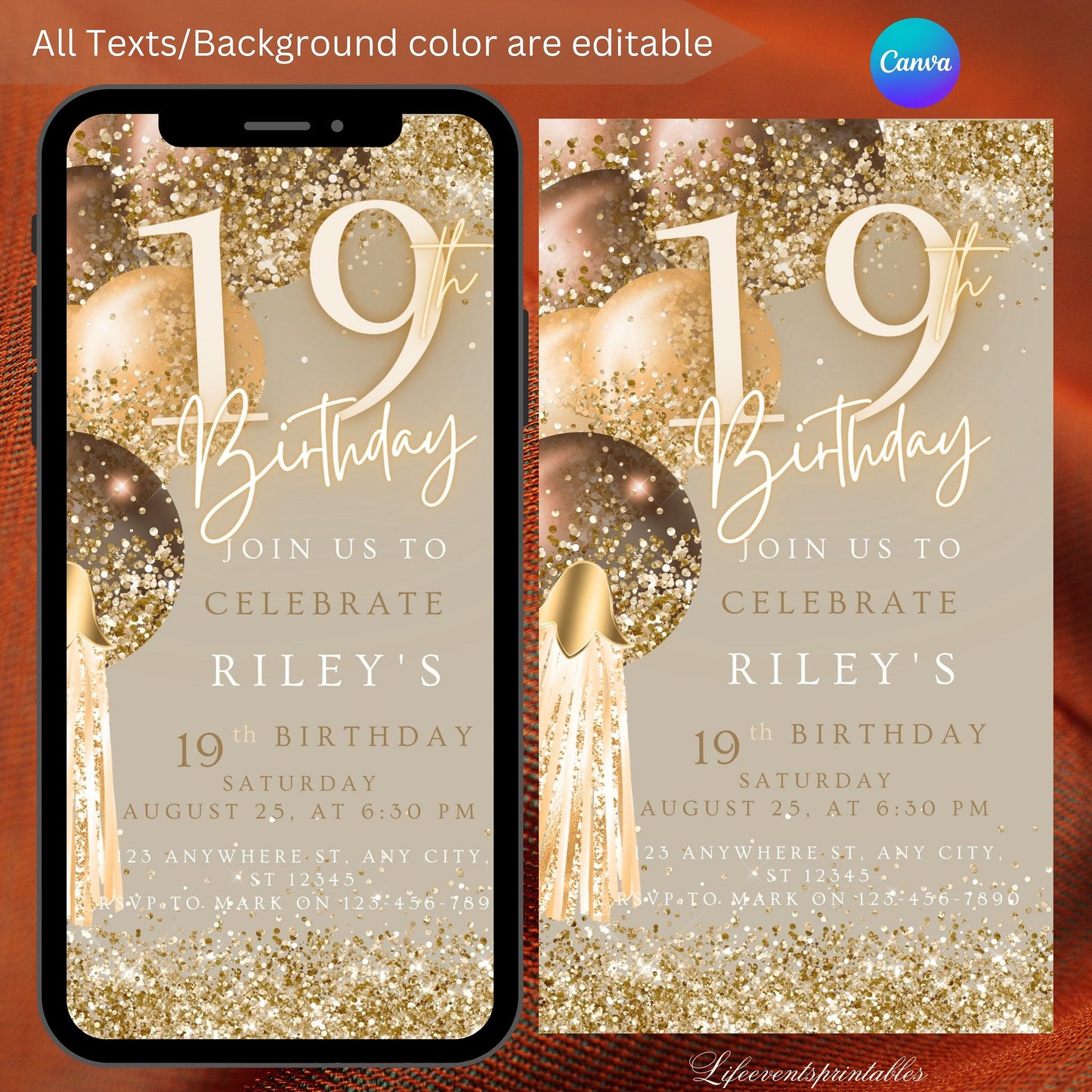 Nineteenth Brown Gold Birthday Invitation, 19th Birthday invite, E-Invite Template, Text Message Invitation, Digital Mobile Phone Evite