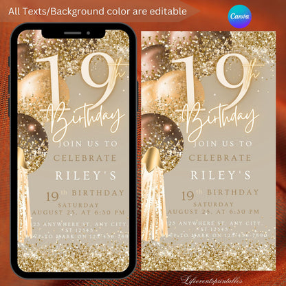 Nineteenth Brown Gold Birthday Invitation, 19th Birthday invite, E-Invite Template, Text Message Invitation, Digital Mobile Phone Evite