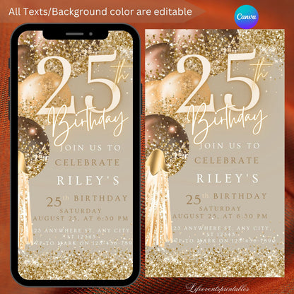 Twenty Fifth Brown Gold Birthday Invitation, 25thBirthday Invite, E-vite Template, Neon Glittery Text Birthday Digital Mobile Phone Evite