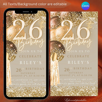 Twenty Sixth Brown Gold Birthday Invitation, 26thBirthday Invite, E-vite Template, Neon Glittery Text Birthday Digital Mobile Phone Evite