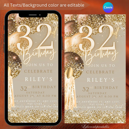 Thirty Second Brown Gold Birthday Invitation, 32nd Birthday Invite, E-vite Template, Neon Glittery Text Birthday Digital Mobile Phone Evite