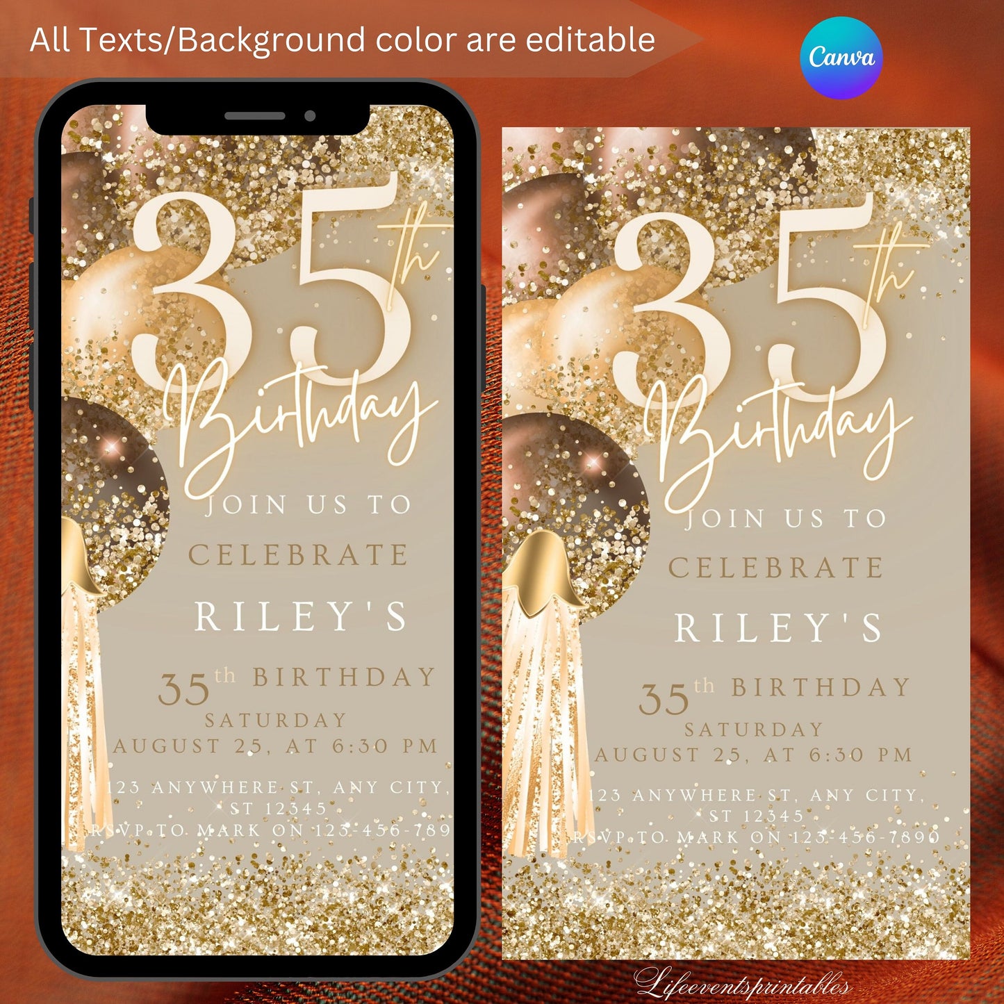 Thirty-Fifth Brown Gold Birthday Invitation, 35thBirthday Invite, E-vite Template, Neon Glittery Text Birthday Digital Mobile Phone Evite