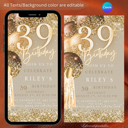 Thirty-Ninth Brown Gold Birthday Invitation, 39thBirthday Invite, E-vite Template, Neon Glittery Text Birthday Digital Mobile Phone Evite