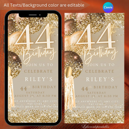 Forty Fourth Brown Gold Birthday Invitation, 44thBirthday Invite, E-vite Template, Neon Glittery Text Birthday Digital Mobile Phone Evite