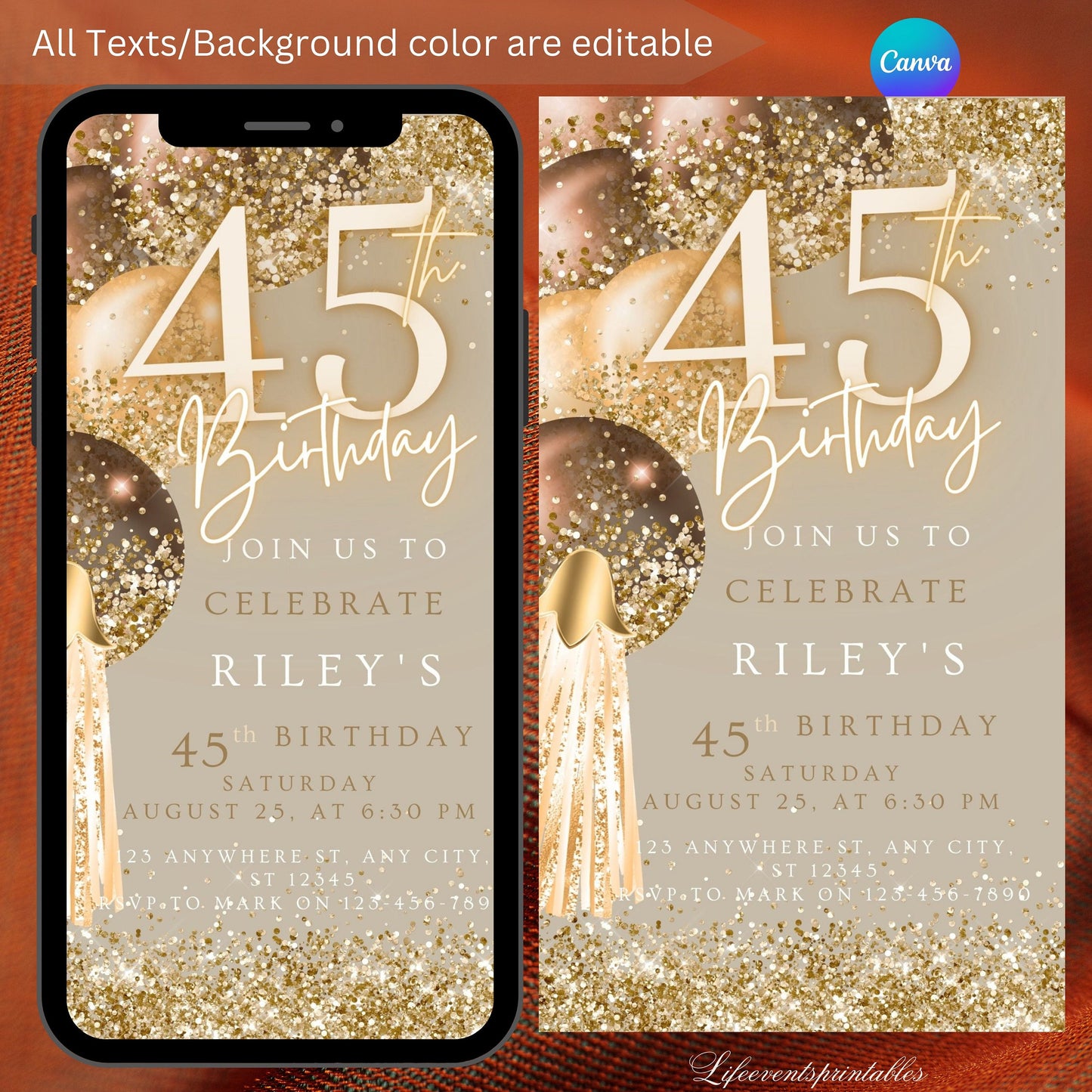 Forty Fifth Brown Gold Birthday Invitation, 45thBirthday Invite, E-vite Template, Neon Glittery Text Birthday Digital Mobile Phone Evite