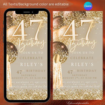 Forty Seventh Brown Gold Birthday Invitation, 47thBirthday Invite, E-vite Template, Neon Glittery Text Birthday Digital Mobile Phone Evite