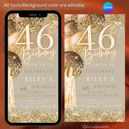 Forty Sixth Brown Gold Birthday Invitation, 46thBirthday Invite, E-vite Template, Neon Glittery Text Birthday Digital Mobile Phone Evite